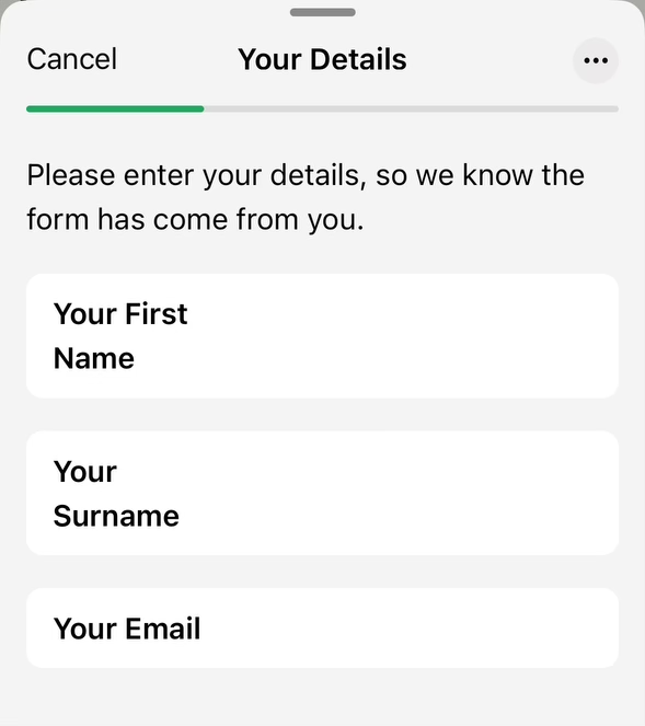 WhatsApp form interface prompting for personal details including first name, surname, and email.