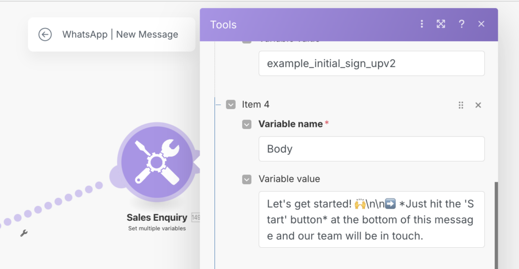 WhatsApp automation tool interface showing a 'Sales Enquiry' workflow with a response message setup instructing users to click the 'Start' button.