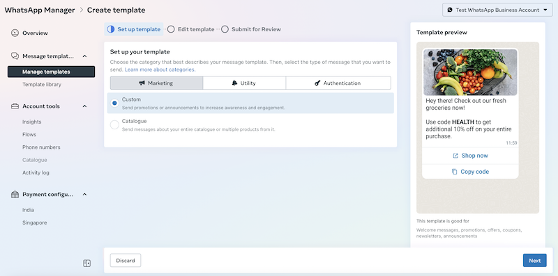 WhatsApp Business Manager interface showing the Create Template section, with message category options and a template preview for health promotions.