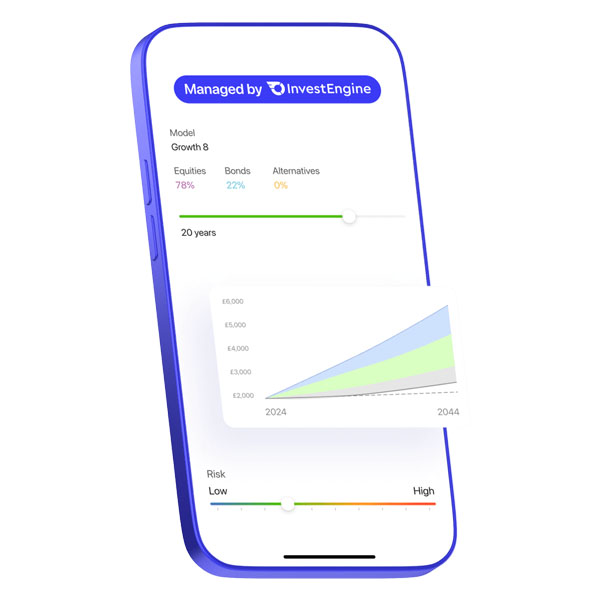 Smartphone screen showing InvestEngine's portfolio management with equities, bonds, growth chart, and risk level indicator over 20 years.