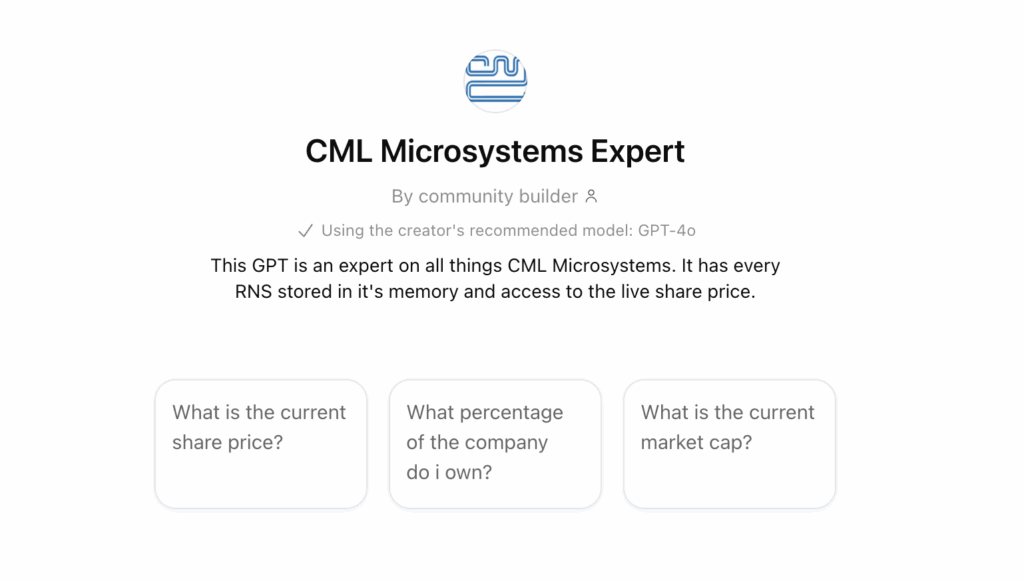 CML Microsystems expert AI interface featuring the GPT-4.0 model, showing options for current share price, company ownership percentage, and market cap.