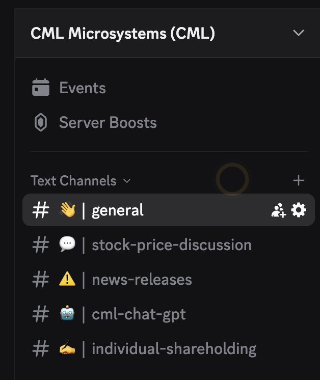 CML Microsystems Discord server showing text channels for general chat, stock price discussion, news releases, cml-chat-gpt, and individual shareholding.