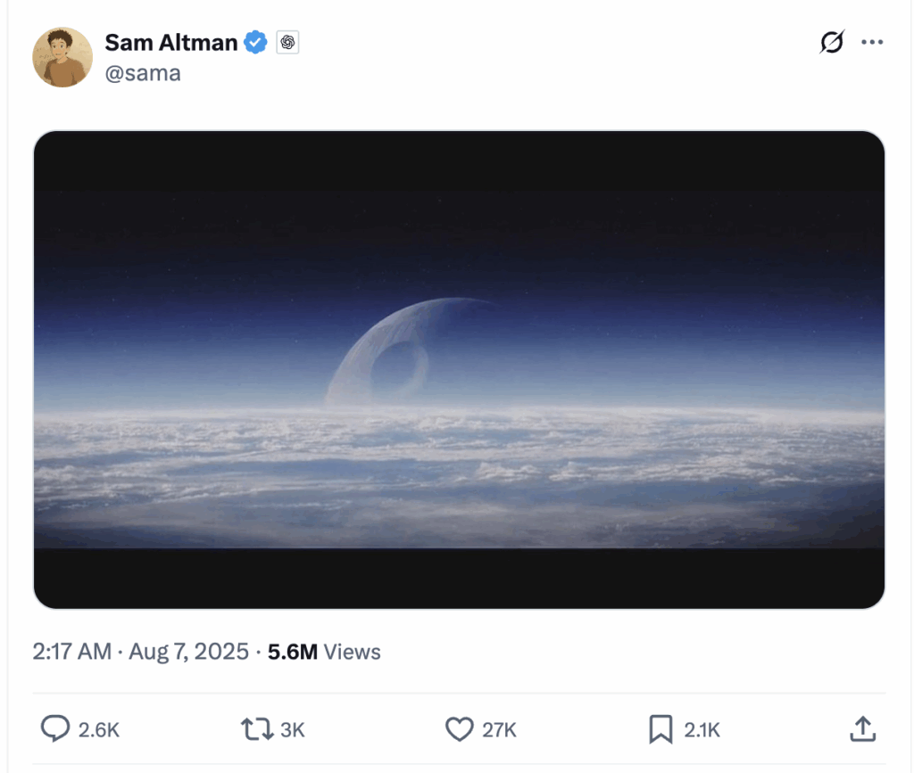 Tweet by Sam Altman showing an image similar to the Death Star hovering above cloud-covered terrain, evoking a futuristic feel.